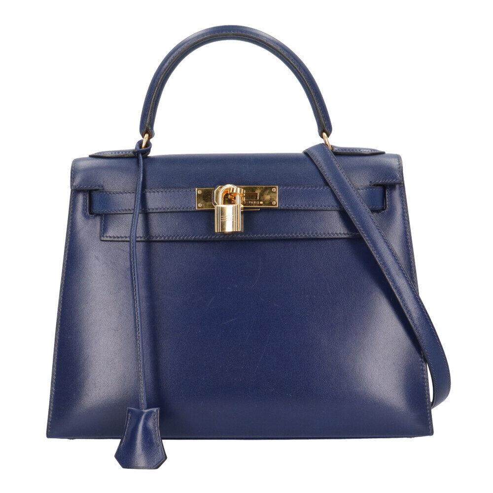 Hermes Kelly 28 Shoulder Bag, Handbag, Box Calf Leather, Navy, Women's, HERME...